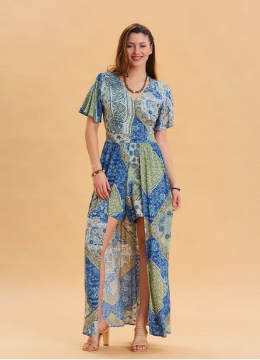 Blue Women's Ethnic Jumpsuit with Flounce Sleeves and Shorts Detail 4489
